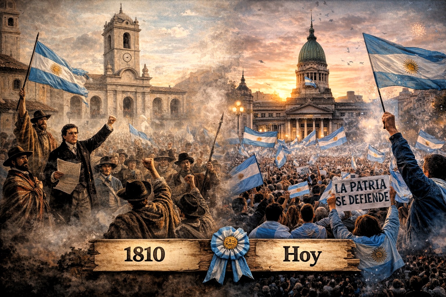 Ilustración que representa la época de la Revolución de Mayo de 1810, con elementos históricos