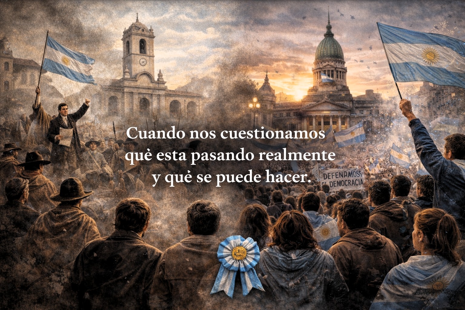 Ilustración contemporánea que representa el presente o el futuro de la sociedad, con elementos de reflexión sobre la patria.