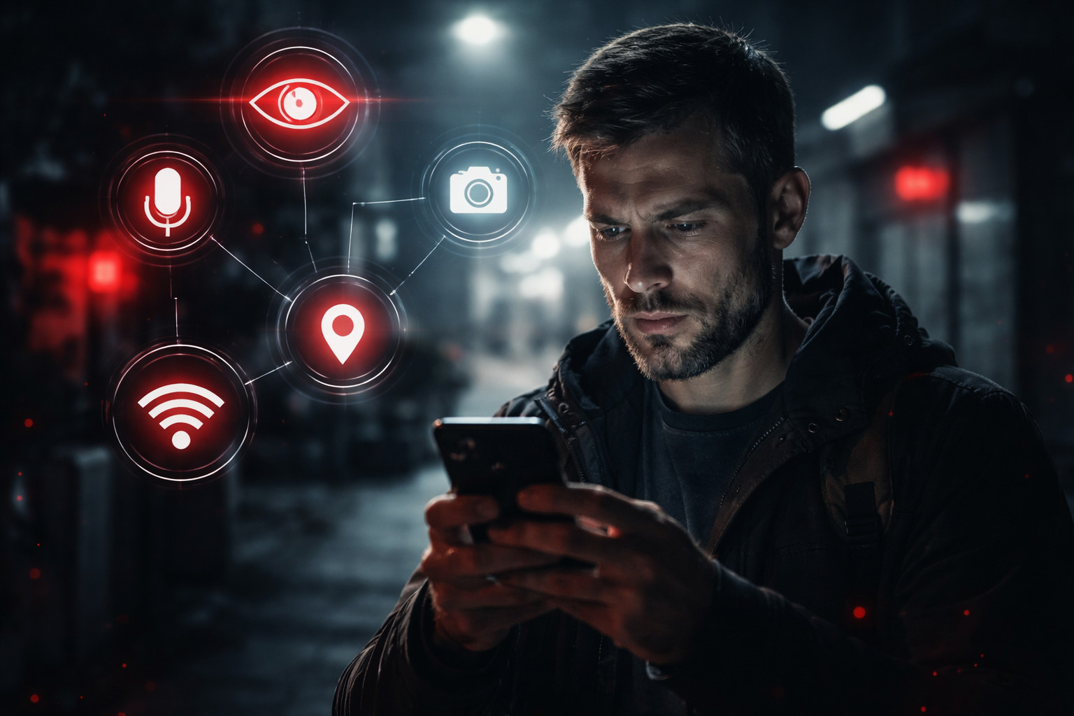 Ilustración de un espía con fondo de código binario, representando la vigilancia digital.