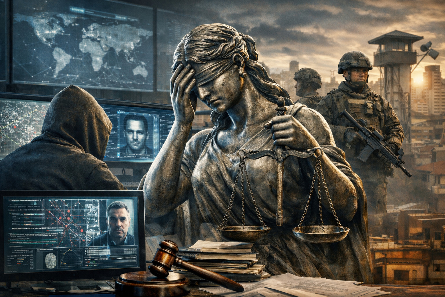 Ilustración que representa la vigilancia y el análisis de datos masivos por parte de empresas como Palantir.