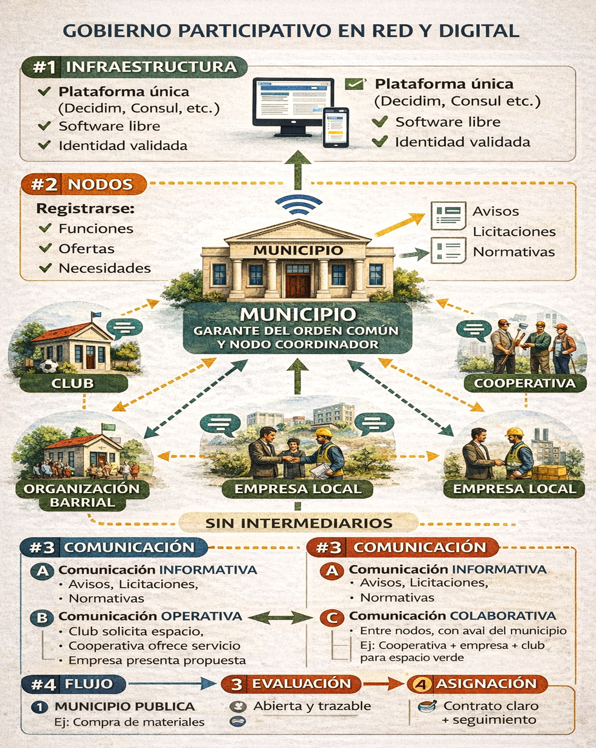 Ilustración que representa la cooperación y la organización participativa.