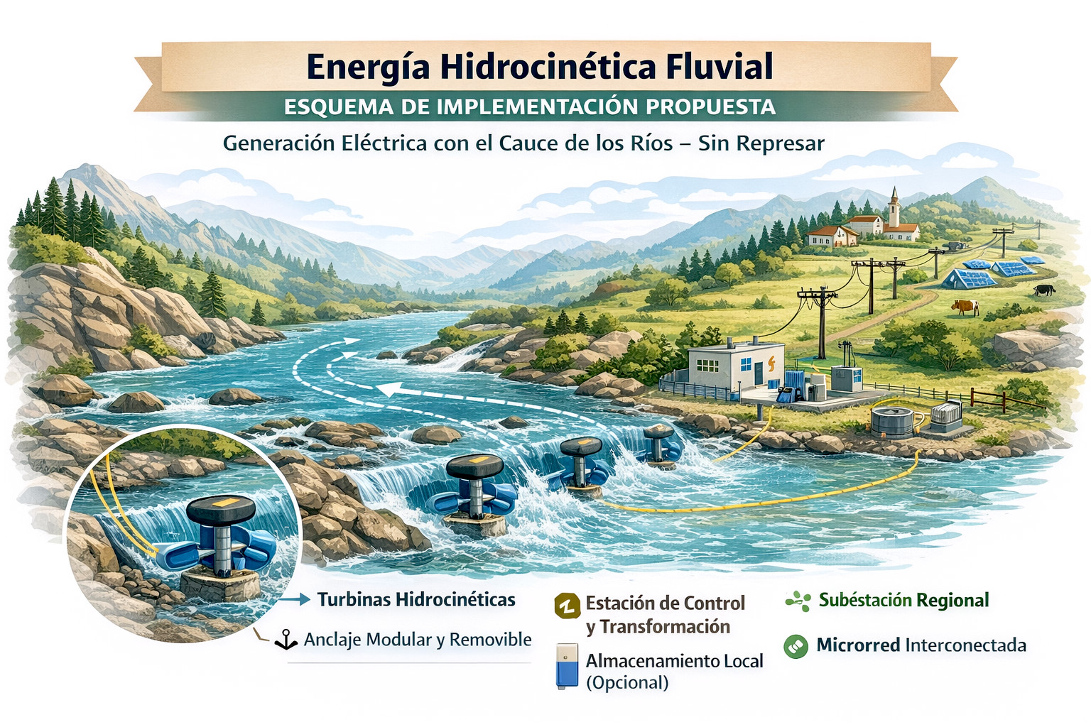 Infografía explicando el funcionamiento de la energía hidrocinética fluvial y sus ventajas.