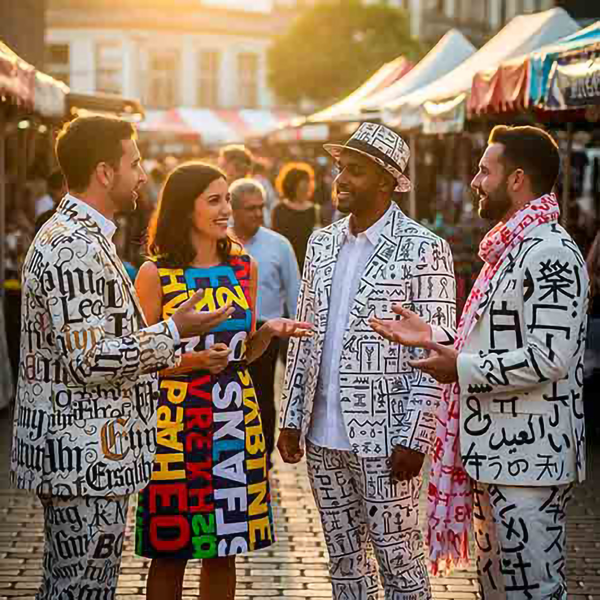 Personas vestidas con letras representando lenguaje e identidad