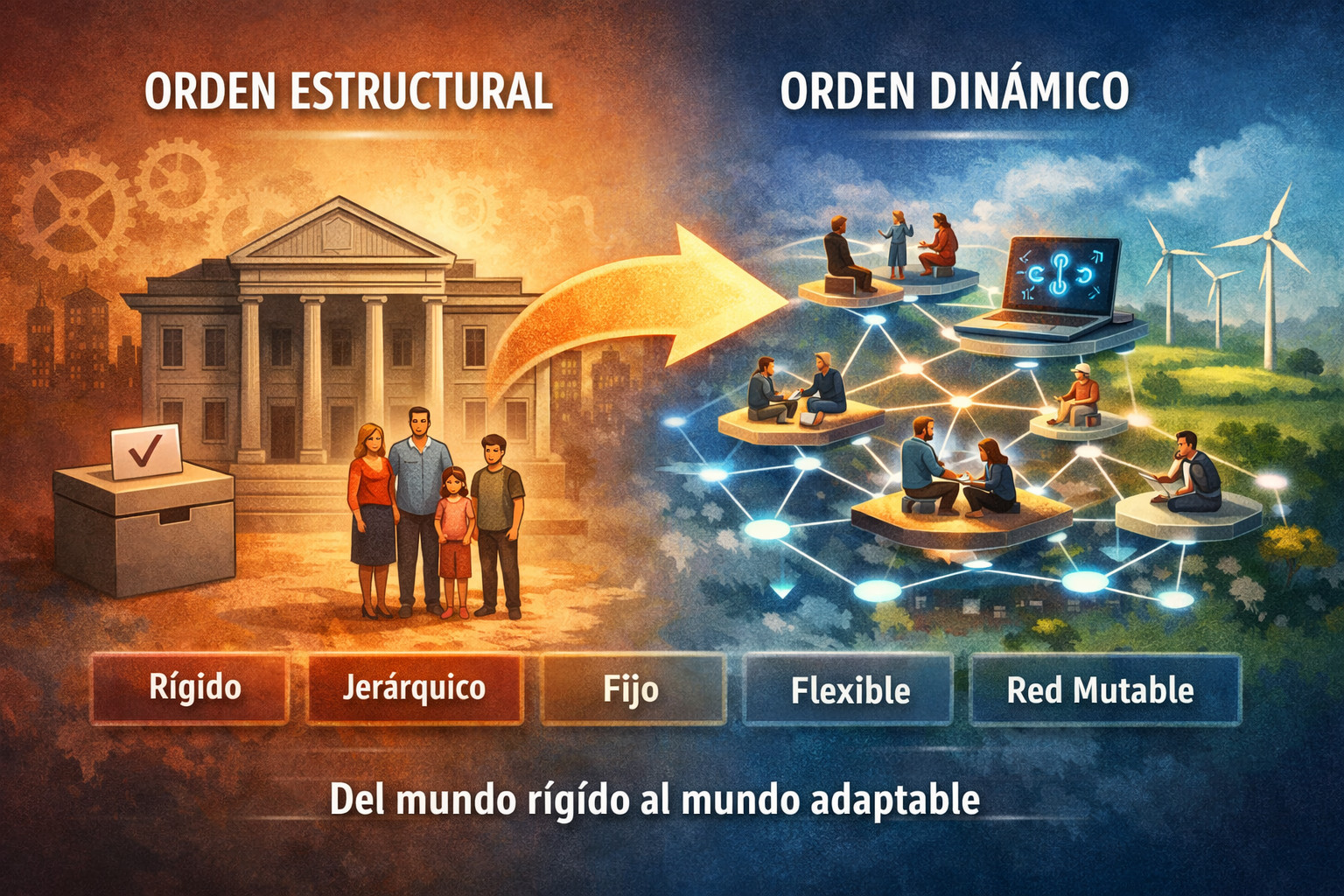 Esquema visual que representa el cambio de un paradigma estructural a uno dinámico.